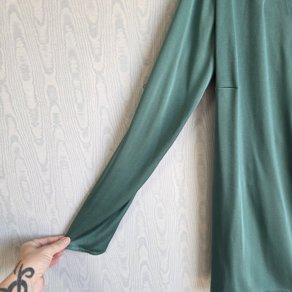 Vtg 70s Wrap Top L/XL Handmade Stretch Satin Long Sleeve Forest Green Holiday - Picture 2 of 6